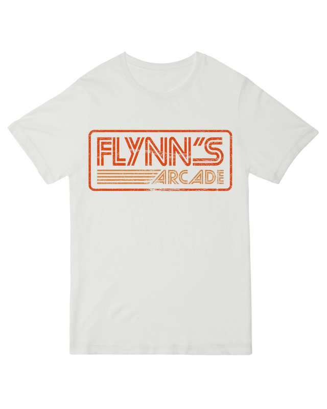 "Heather gray 80s retro t-shirt with Flynn's Arcade vintage logo - classic video game nostalgia tee for Tron fans"