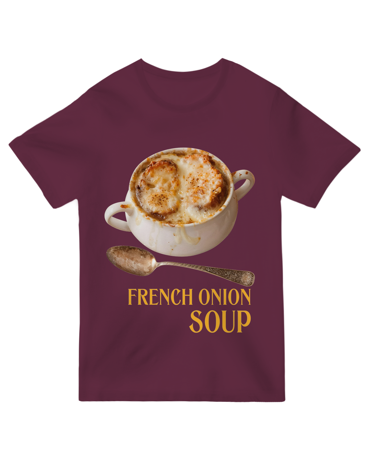 "Chef wearing heather grey 'French Onion Soup' t-shirt holding steaming soup bowl with cheesy croûton"