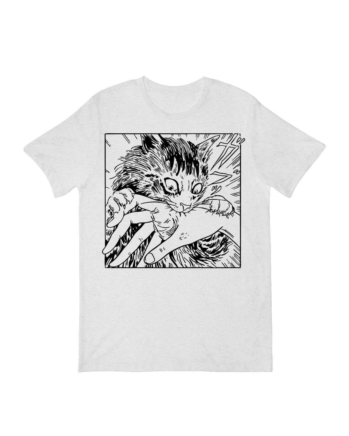 "Humorous 'Cat Bitten' graphic t-shirt for cat owners and pet lovers"