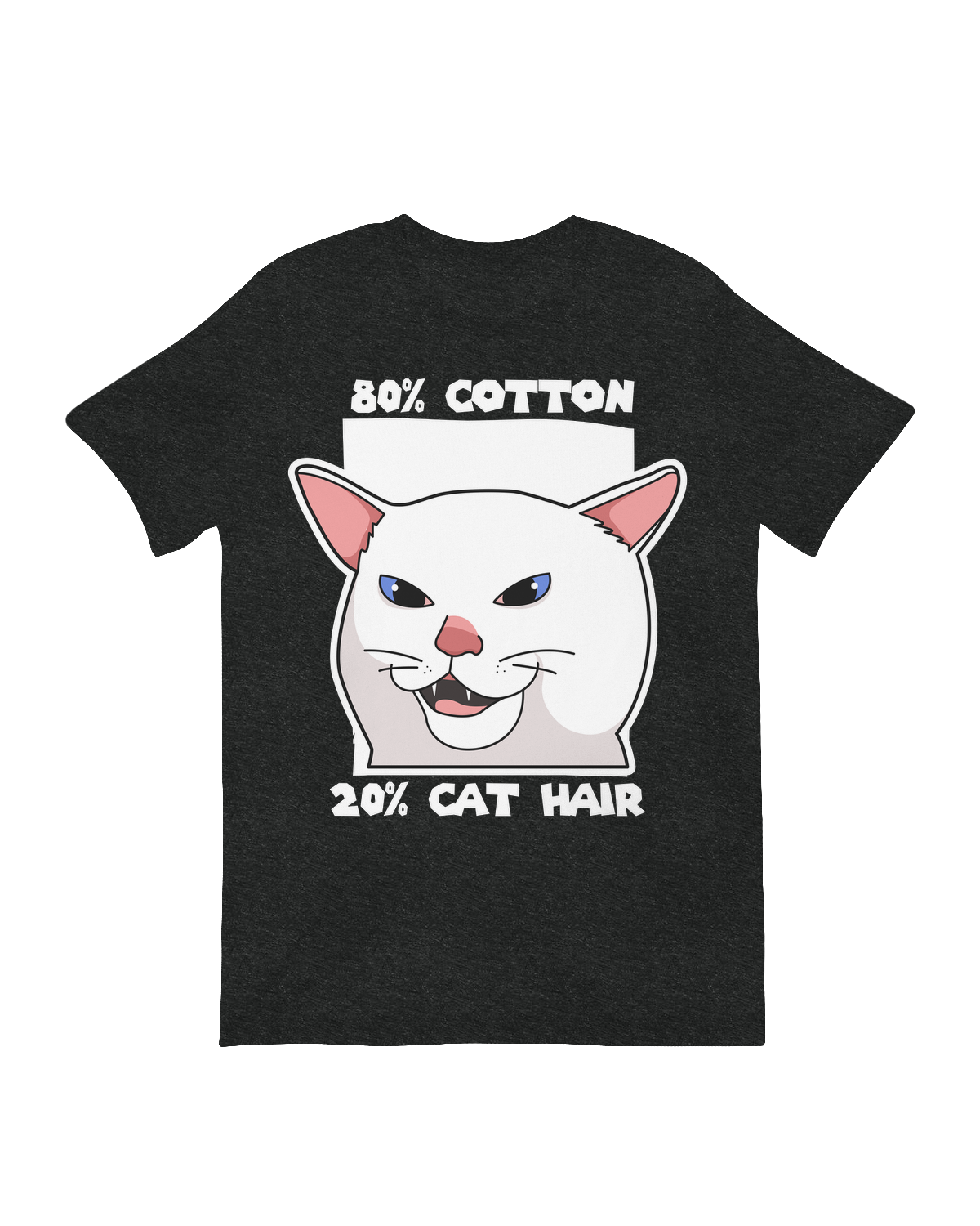 "Gray '80% Cotton, 20% Cat Hair' graphic tee modeled with a tabby cat, showing relatable pet owner humor for feline lovers"