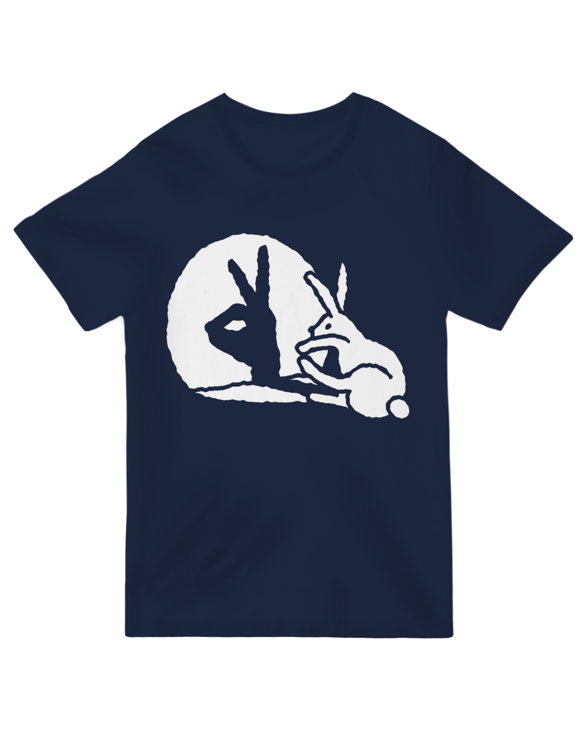 "Funny rabbit hand shadow puppet graphic t-shirt with pop art bunny design in black and white on soft cotton tee"