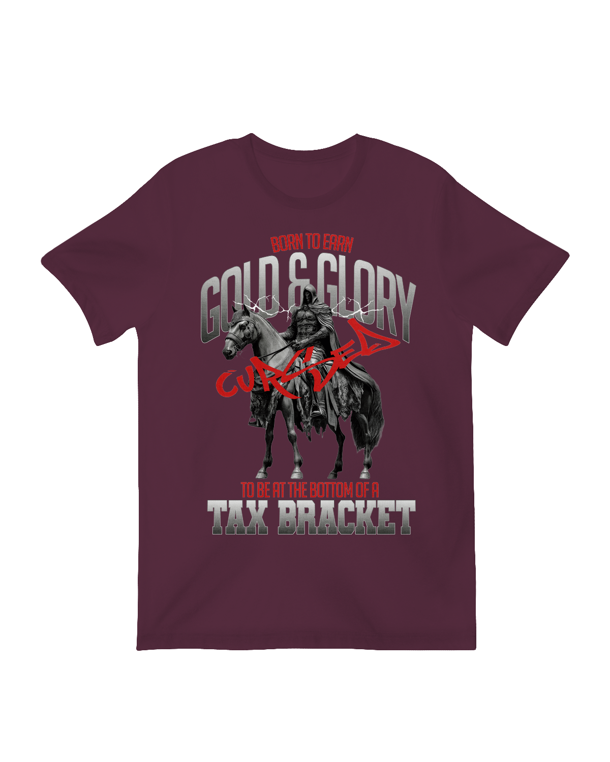 "Black ‘Born to Earn Gold and Glory’ distressed print tee with axe prop, styled for Viking enthusiasts and competitive gamers"