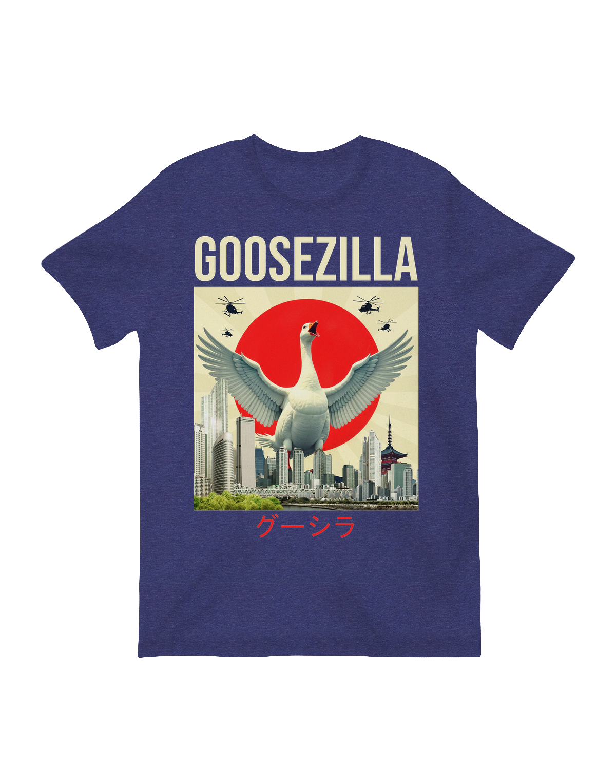 Goozezilla monster goose graphic t-shirt – funny kaiju-style goose attack design on soft