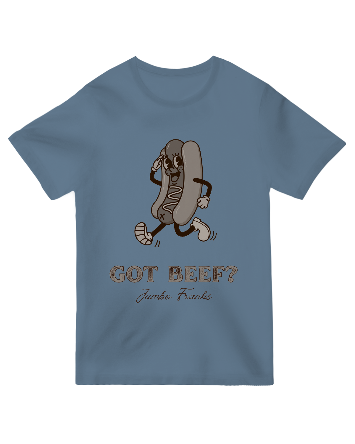 "Got Beef Jumbo Franks" grey cotton t-shirt with cartoon hot dog graphic – funny BBQ apparel for men and women