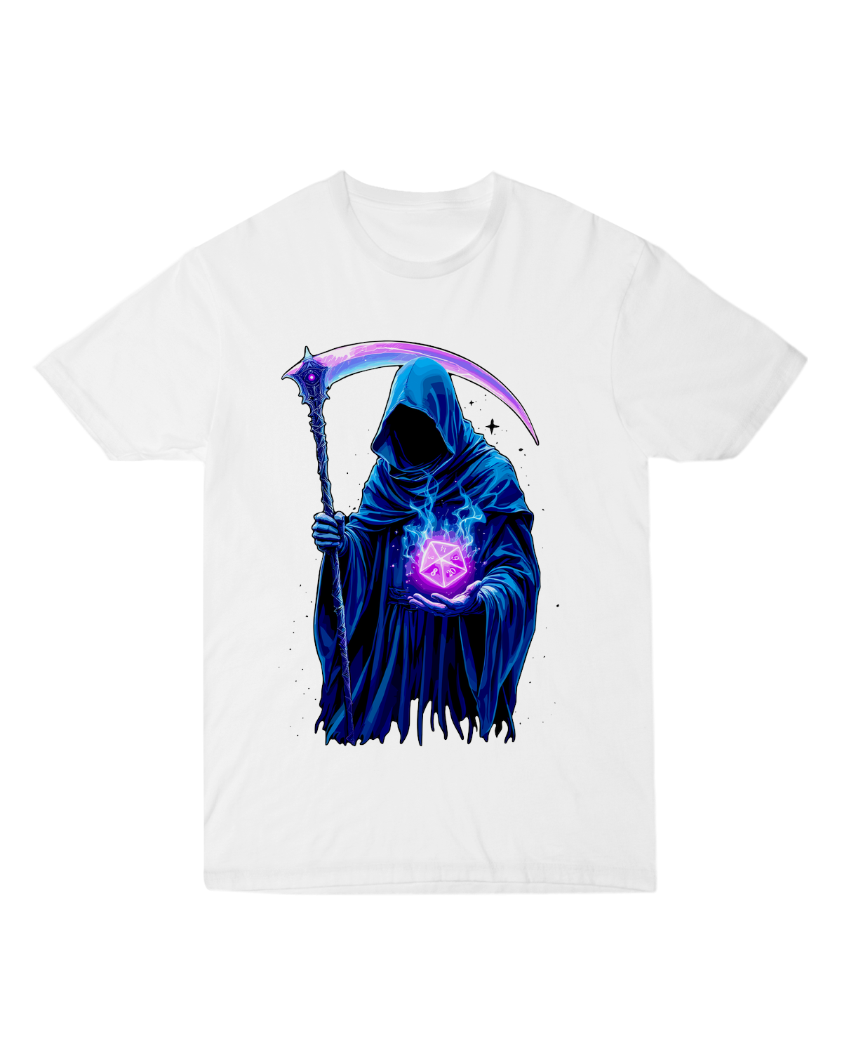 "Black Grim Reaper t-shirt with skeletal figure rolling red D20 dice, modeled with character sheet for dark tabletop RPG aesthetic"