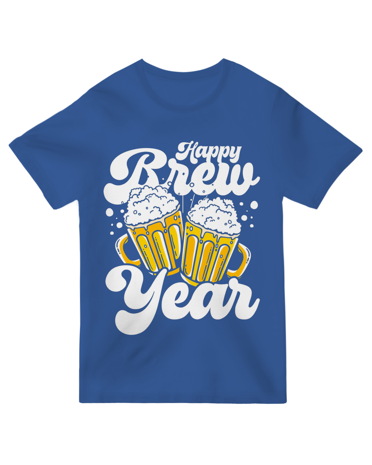 "Red 'Happy Brew Year' coffee humor t-shirt with festive mug graphic - cotton tee for baristas and caffeine lovers"