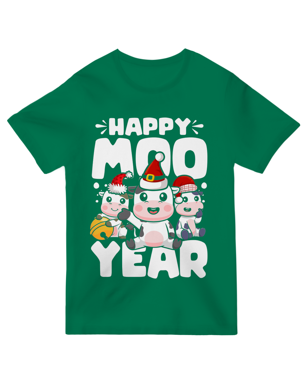 Happy Moo Year T-Shirt with a playful cow graphic and "Moo Year" text, modeled on a person laughing.