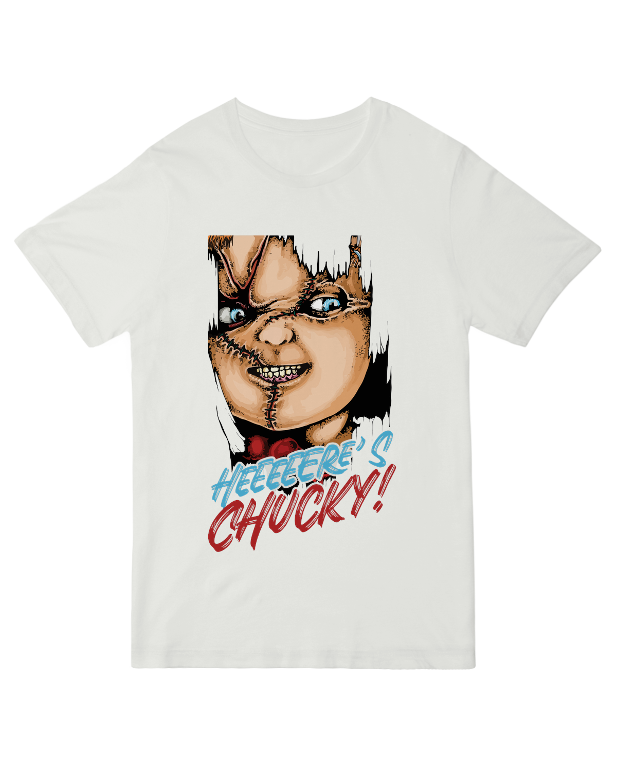 "Vintage 'Heeeeere's Chucky' horror movie inspired t-shirt for slasher fans"