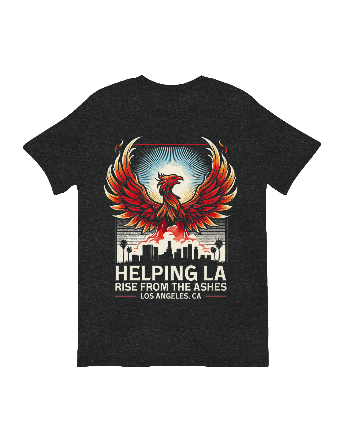 "Helping LA Rise charity t-shirt with screen-printed graphic on soft cotton fabric, supporting Los Angeles community initiatives."