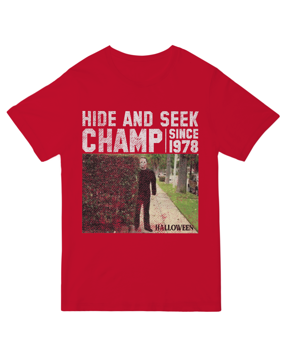 "Vintage ‘Hide and Seek Champ’ horror t-shirt for slasher movie fans"