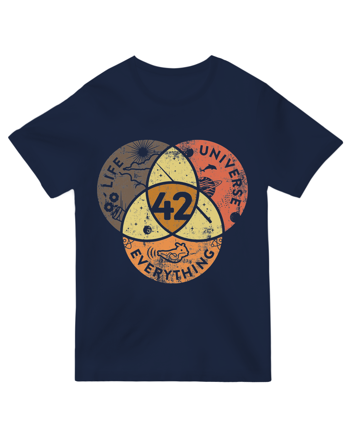 "Navy blue ‘Life, the Universe & Everything’ graphic tee with Hitchhiker’s Guide inspired design - cotton nerd apparel for sci-fi fans"