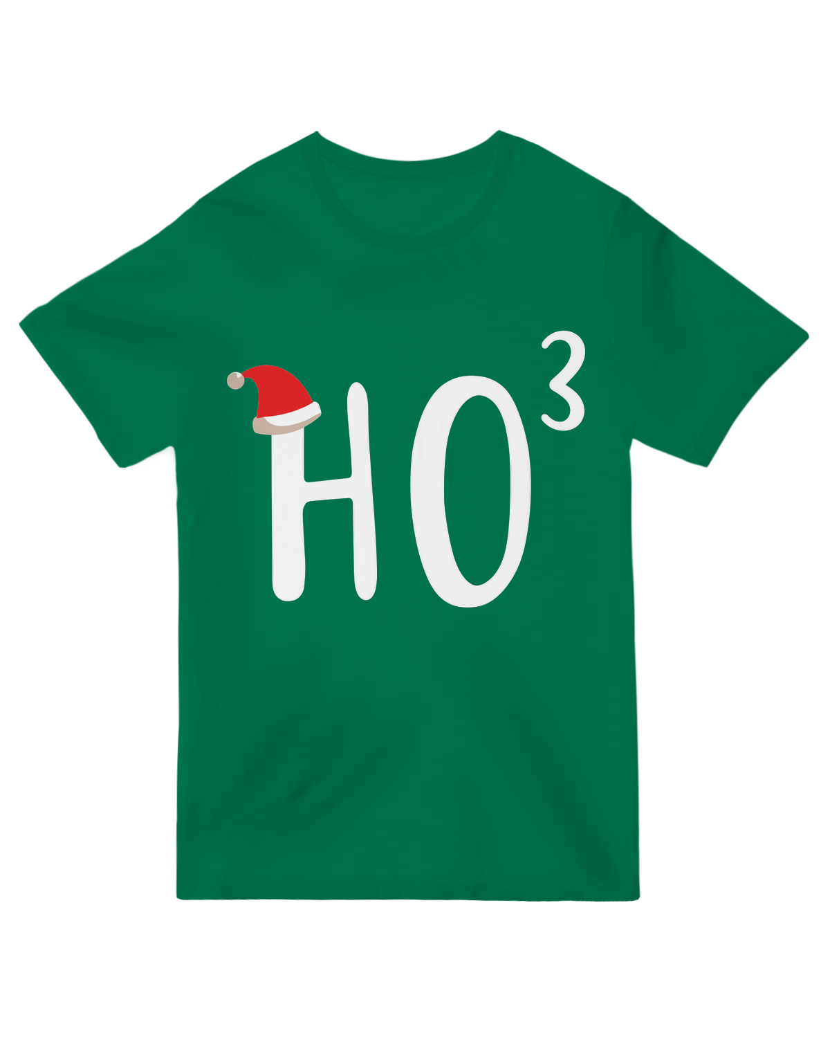 "Red Christmas t-shirt with 'HO³' cubic math pun in white text, holiday geek humor apparel"