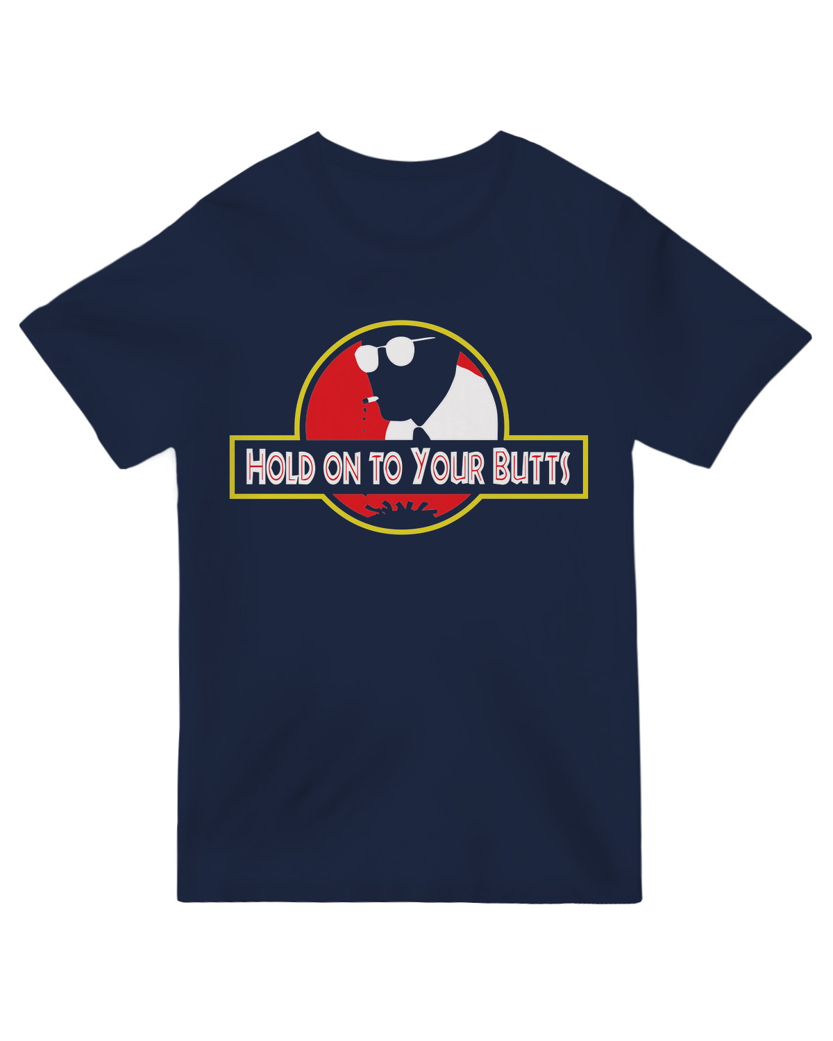 "Iconic 'Hold On to Your Butts' Jurassic Park t-shirt, Samuel L. Jackson movie quote apparel for dinosaur fans"