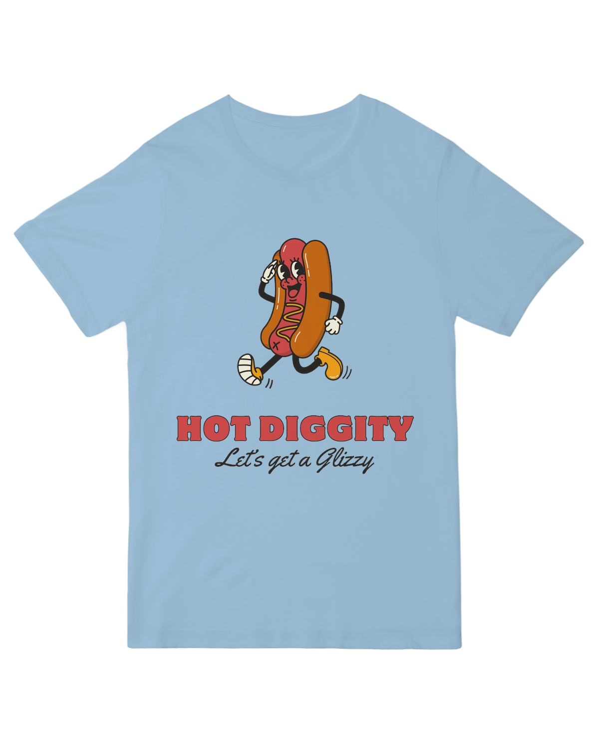 "Hot Diggity Glizzy" graphic tee with cartoon hot dog and playful typography – soft cotton meme shirt