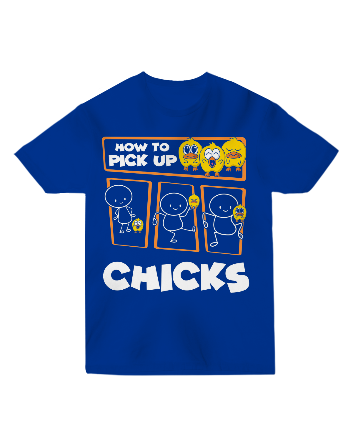 "Yellow ‘How to Pick Up Chicks’ t-shirt with cartoon baby chickens, modeled in a farm setting with feed bucket prop"