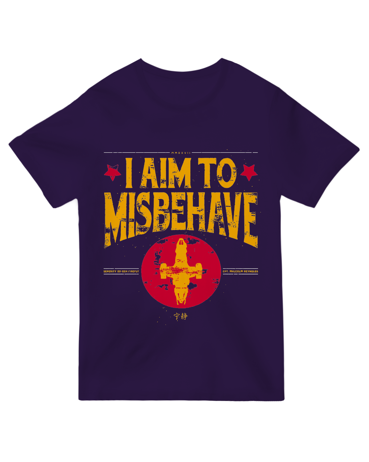 "Official Firefly 'I Aim to Misbehave' t-shirt featuring Captain Mal's quote in browncoat style on distressed cotton"