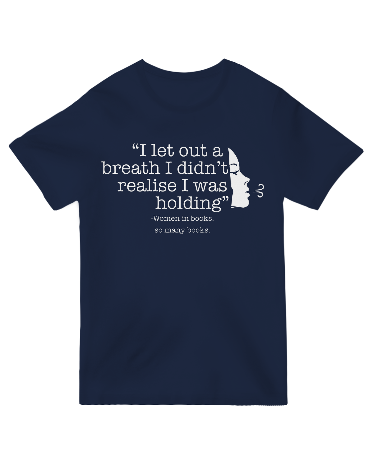 "Person wearing black 'I Let Out a Breath' text t-shirt with relaxed expression"