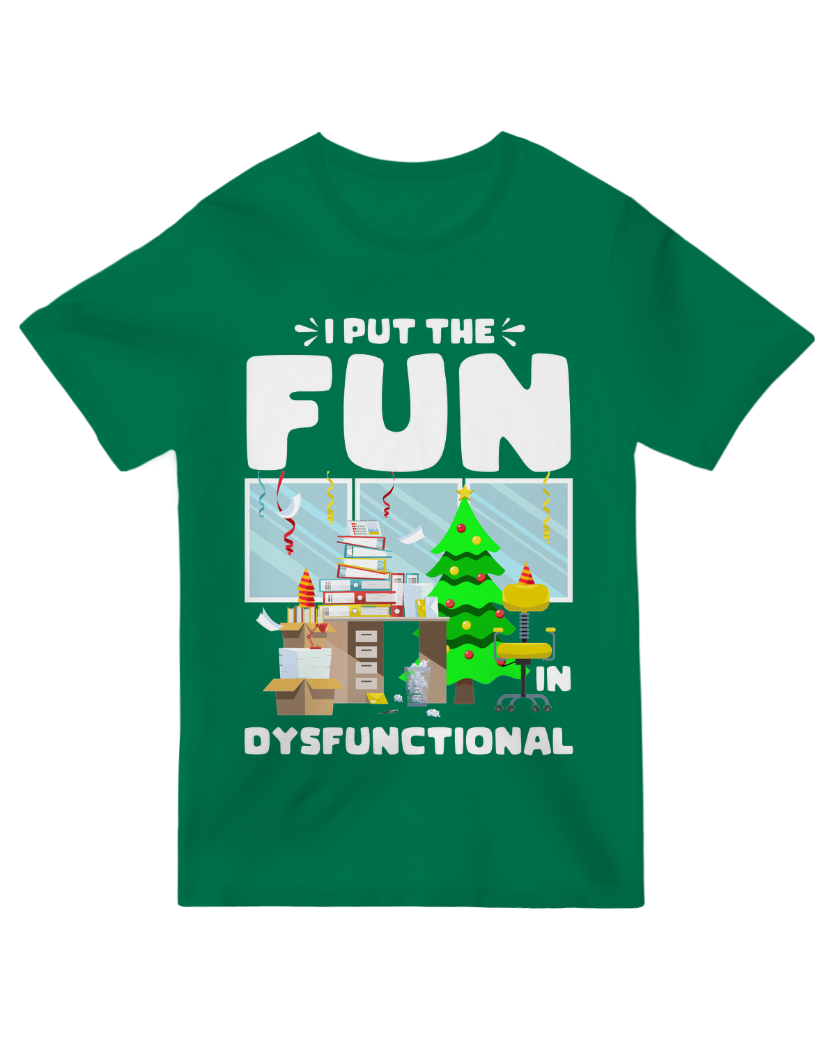 "Black sarcastic 'I Put the Fun in Dysfunctional' graphic t-shirt modeled on person"