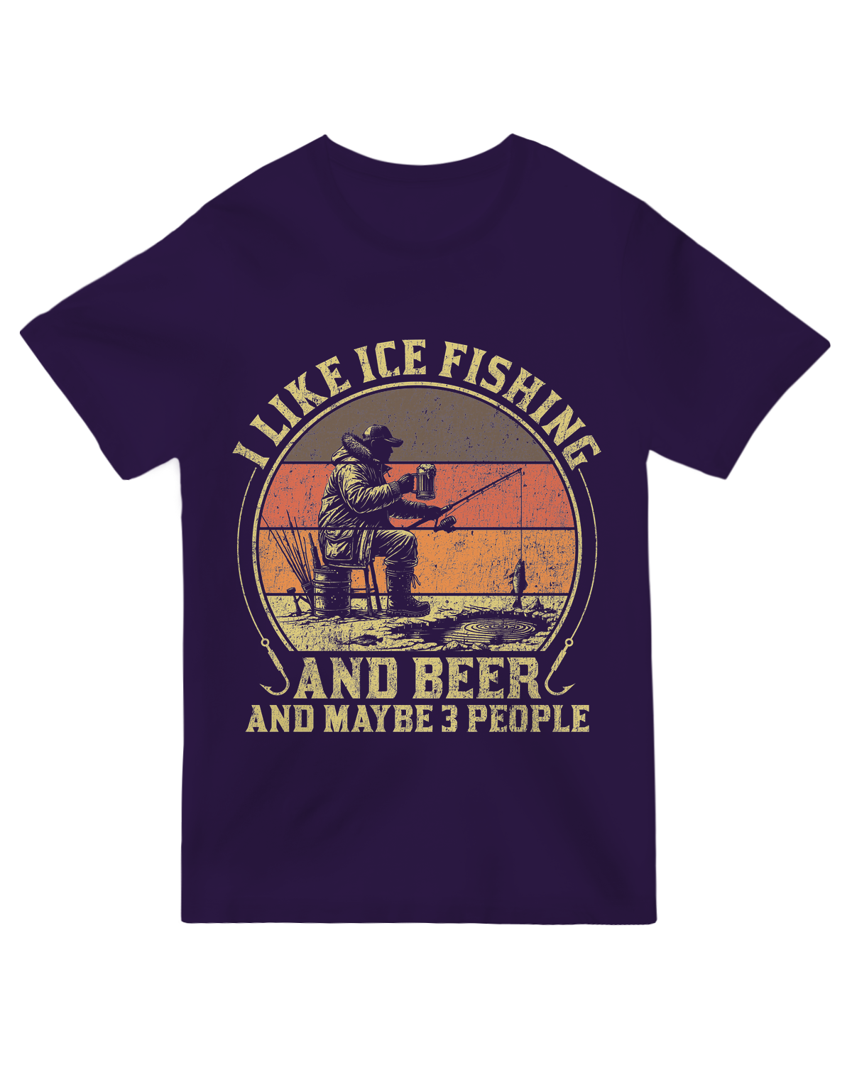 "Heather gray ice fishing humor t-shirt with beer and social distancing joke"
