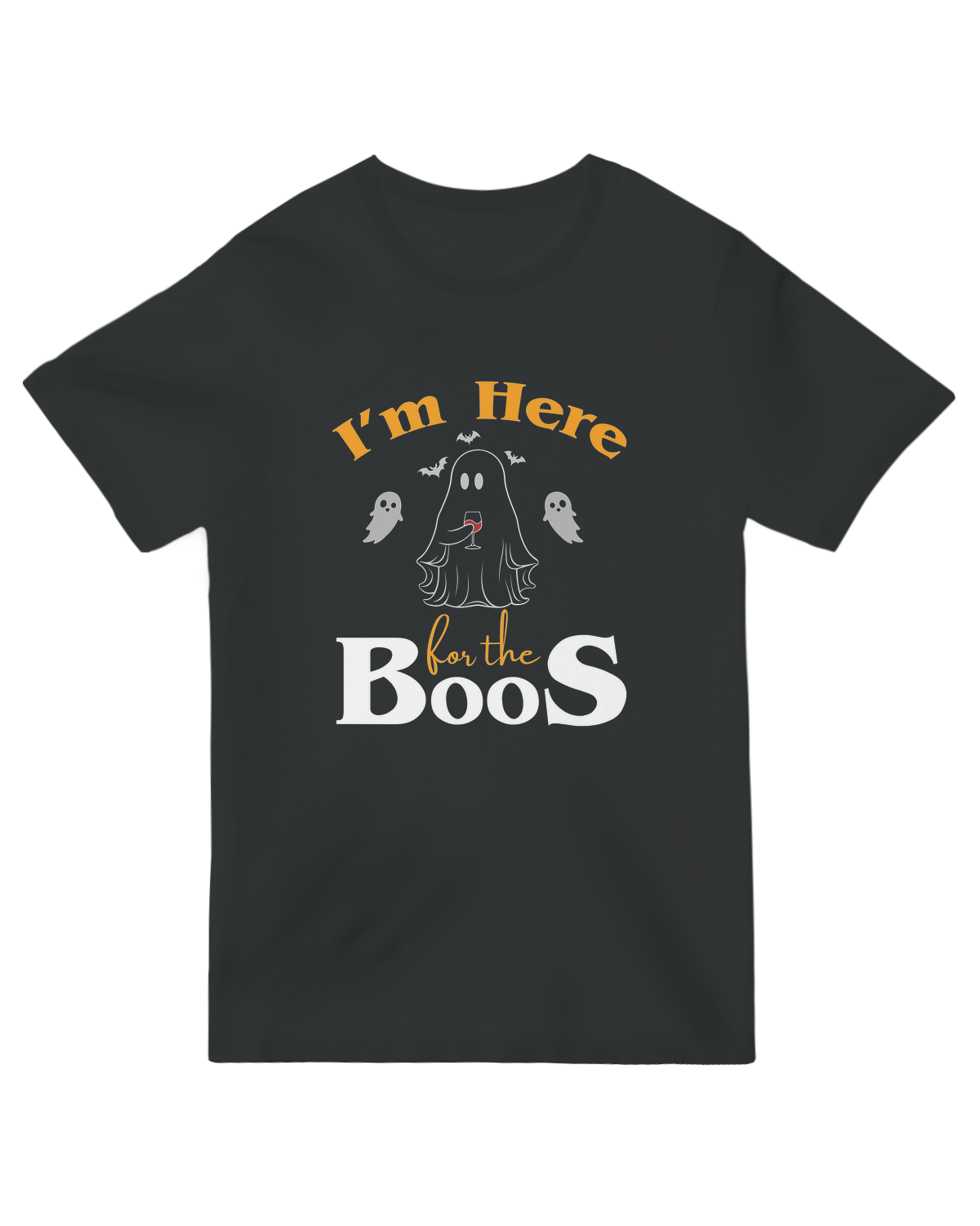 "I'm Here for the BOOS" black Halloween tee with glow-in-the-dark ghost graphic – funny spooky season apparel