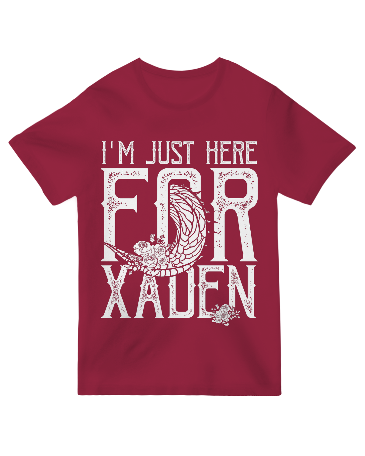 "Black t-shirt with white 'I’m Just Here for Xaden' text, modeled with Fourth Wing book"