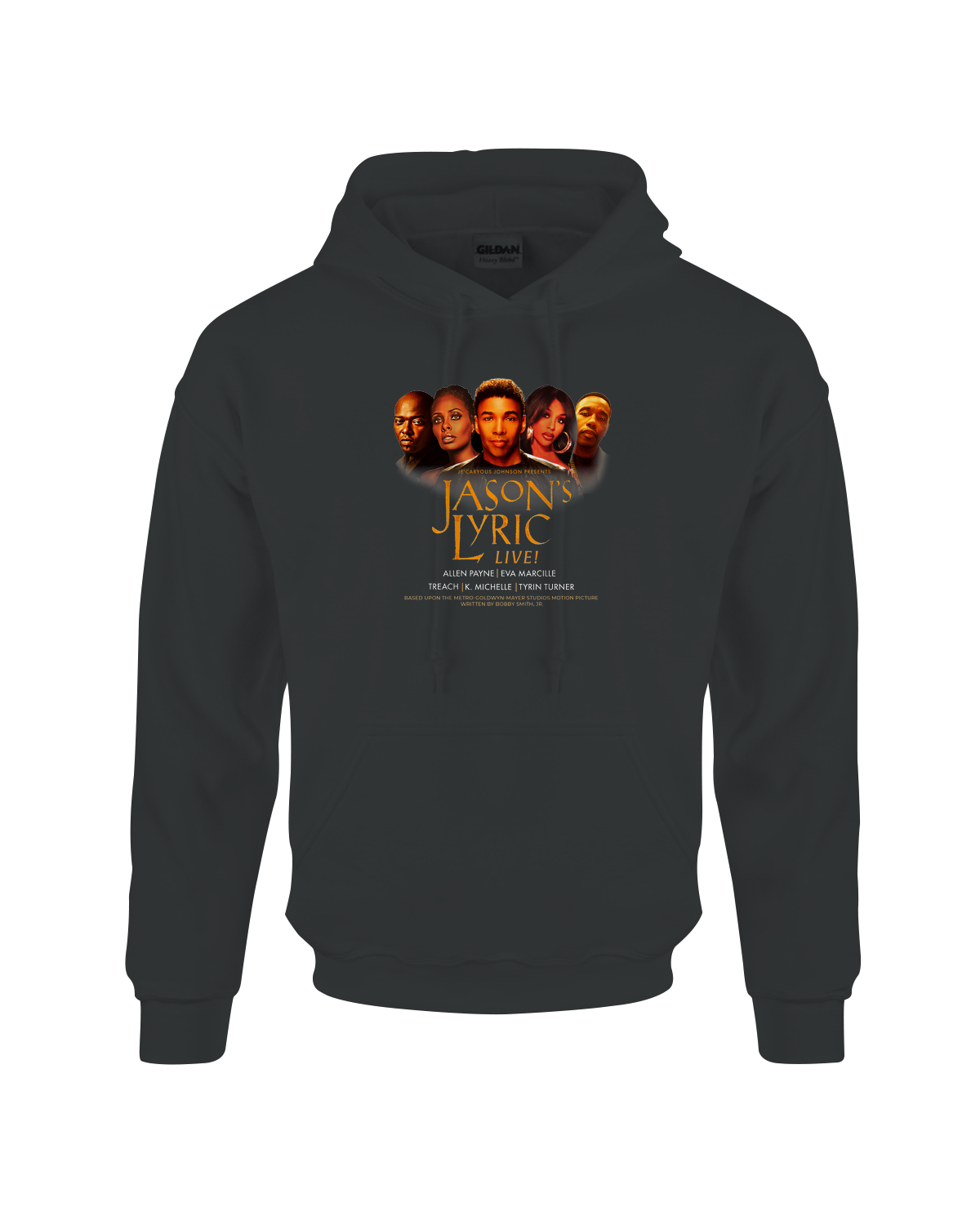 "Jason Lyric’s classic heavy blend hoodie in black, unisex streetwear pullover with front pocket"