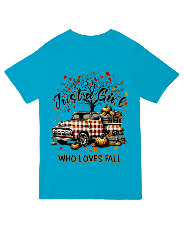 "Just a Girl Who Loves Fall" printed t-shirt - cute autumn graphic tee for women