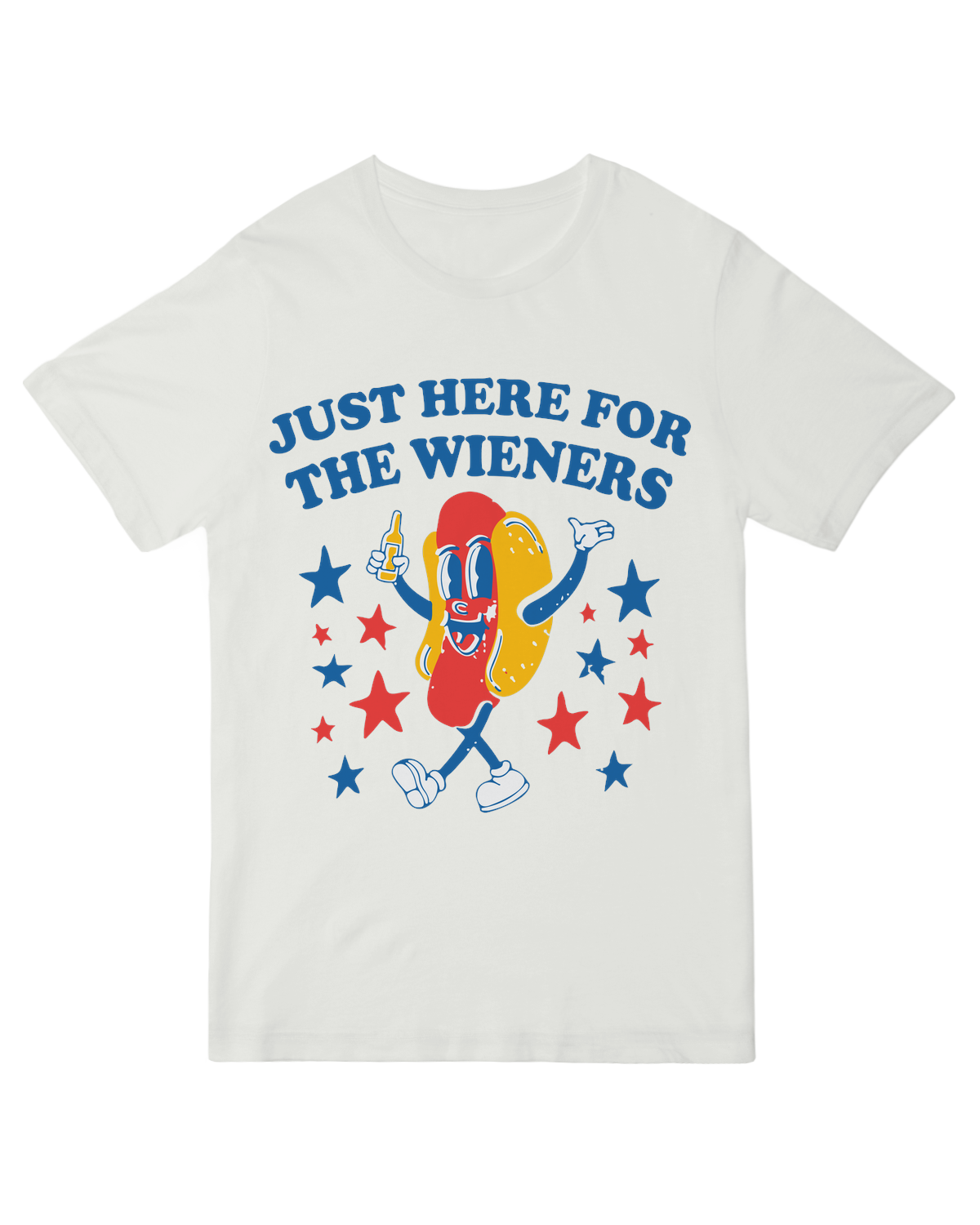 "Just Here For The Wieners" graphic tee with cartoon hot dog design – unisex cotton shirt for BBQ lovers