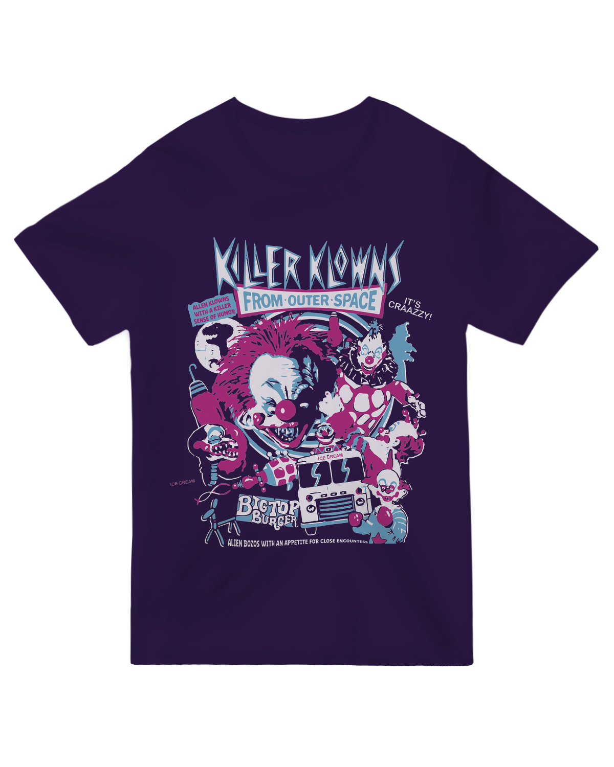 "Killer Klowns" black graphic tee with vintage horror-comedy design – cult film fan apparel