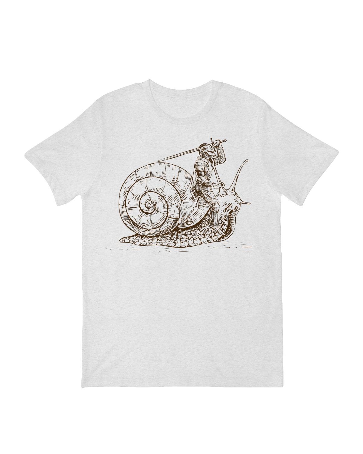 "Whimsical 'Knight Snail' armored mollusk graphic t-shirt for fantasy and garden humor fans"