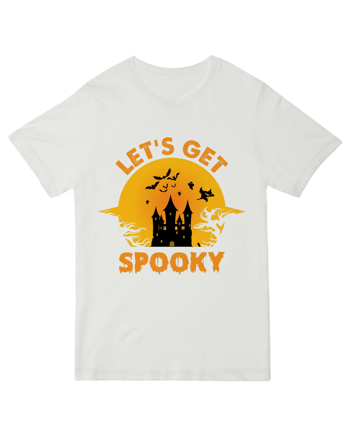 "Let’s Get SPOOKY" orange Halloween t-shirt with glow-in-the-dark graphic – fun horror apparel for parties