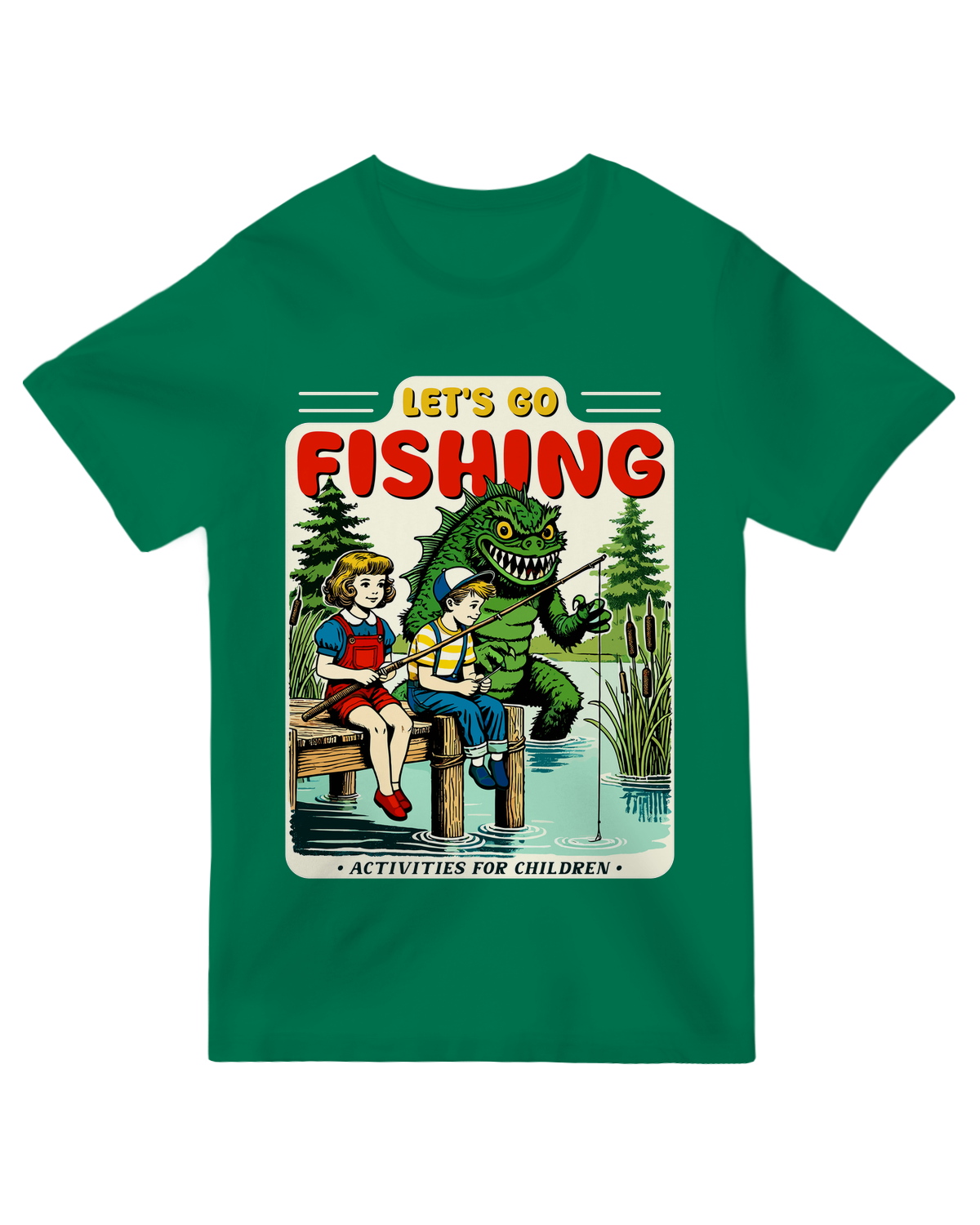 "Navy blue ‘Let’s Go Fishing’ t-shirt for anglers and outdoor enthusiasts"