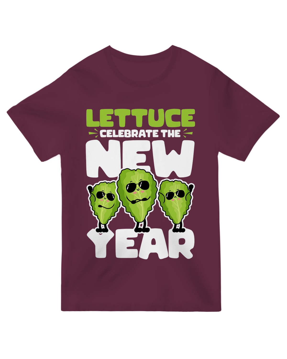 "Funny 'Lettuce Celebrate the New Year' t-shirt with cartoon lettuce graphic, worn at a New Year's Eve party"