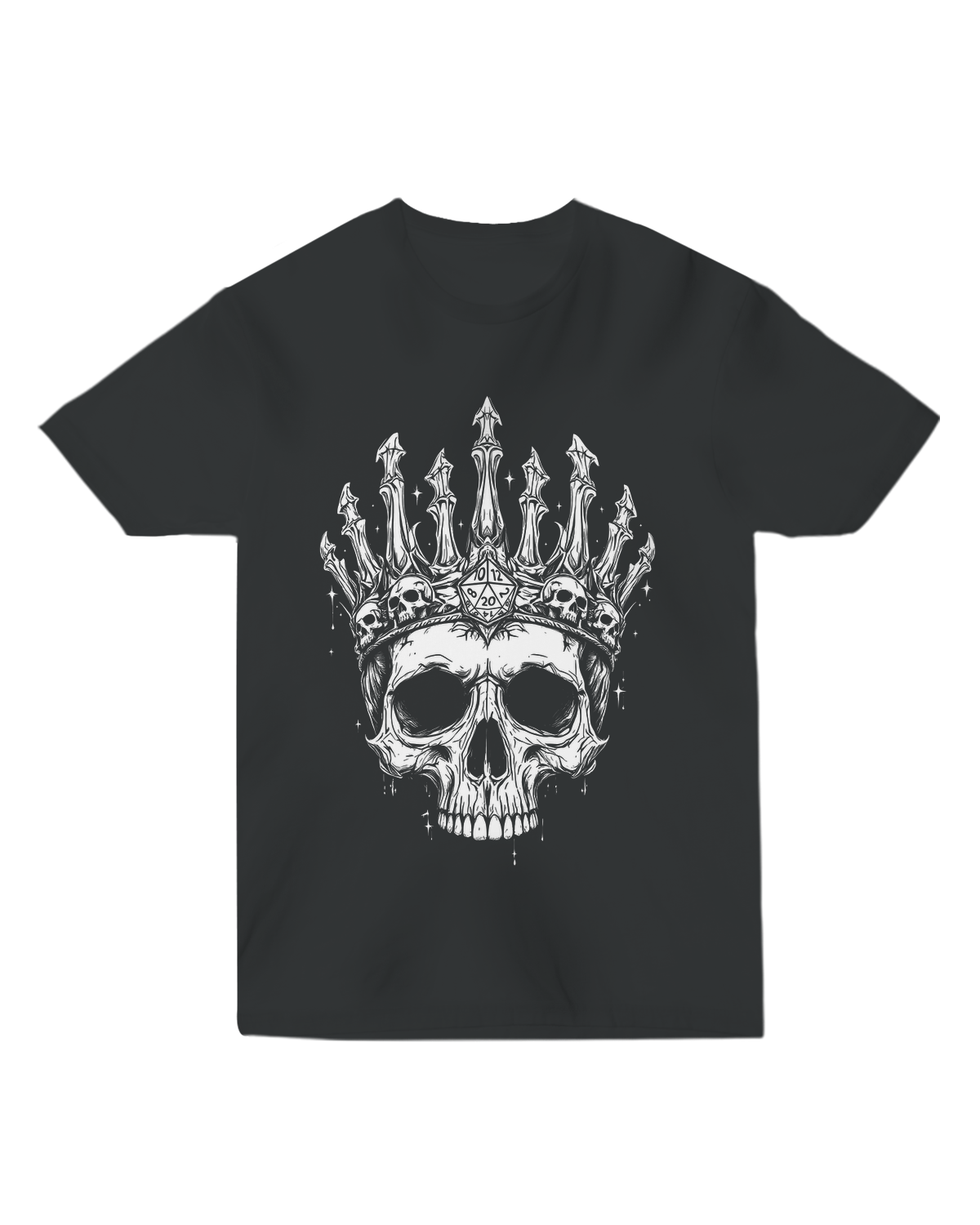 "Black Lich Crown t-shirt with glowing bone crown graphic, styled with obsidian dice and leather-bound tome for dark RPG aesthetic"