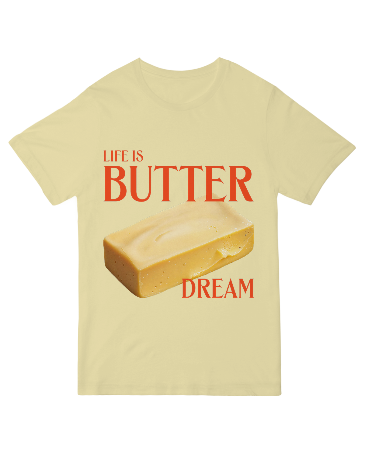 "Smiling baker wearing cream ‘Life is Butter Dream’ t-shirt holding fresh bread and butter knife"