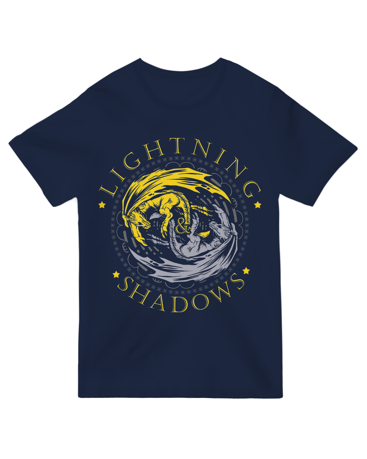 "Black 'Lightning and Shadows' fantasy book t-shirt on reader holding novel"