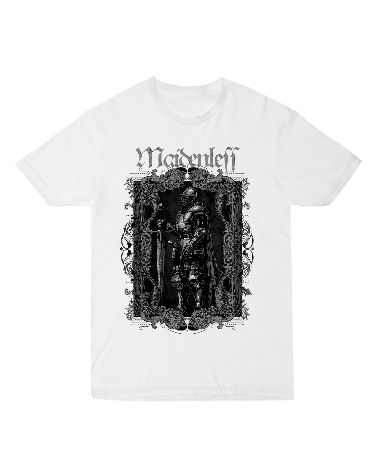 "Black Maidenless t-shirt with white Elden Ring-style text, styled with gaming console and controller"