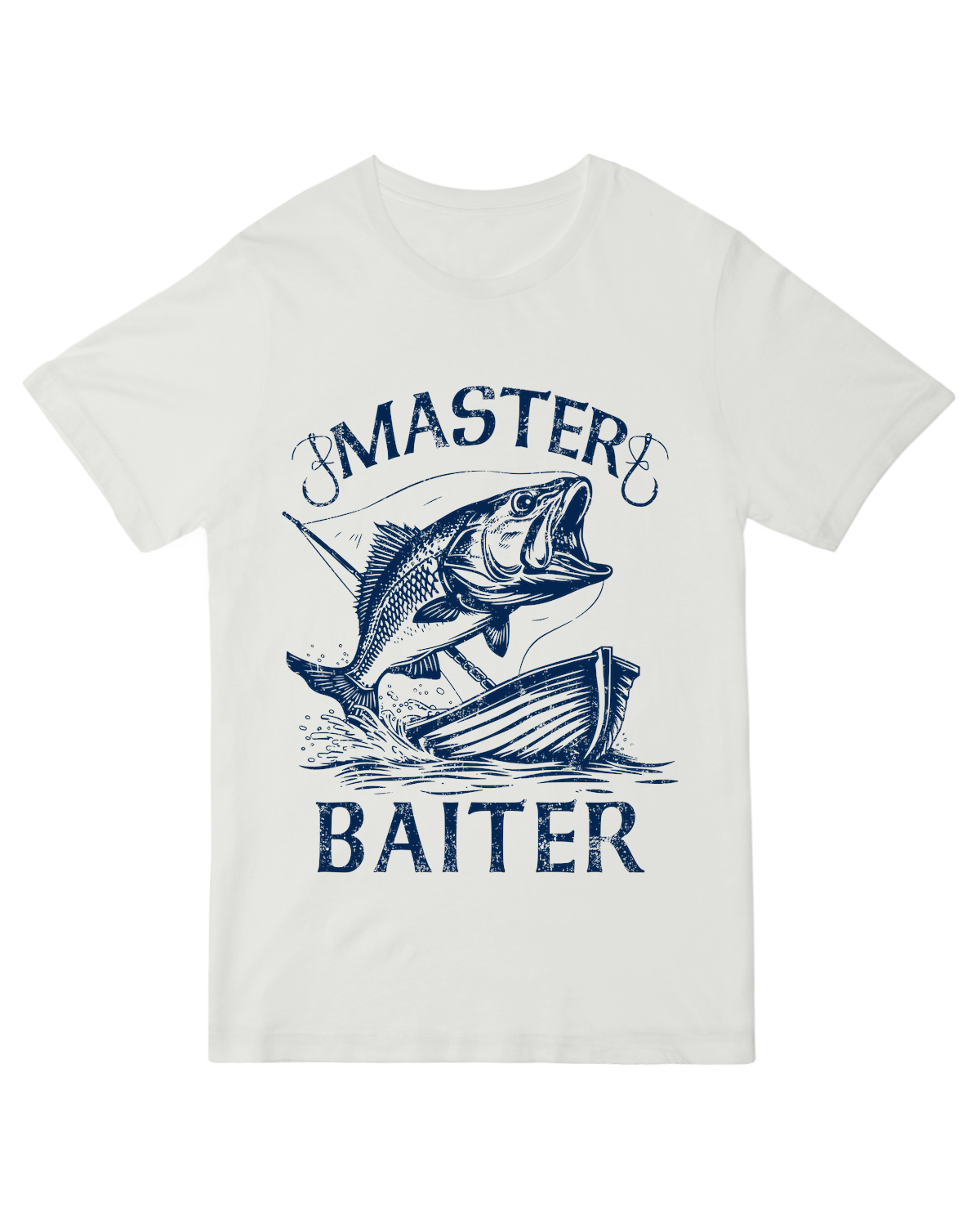 "Khaki fishing humor t-shirt with 'Master Baiter' angler pun design"