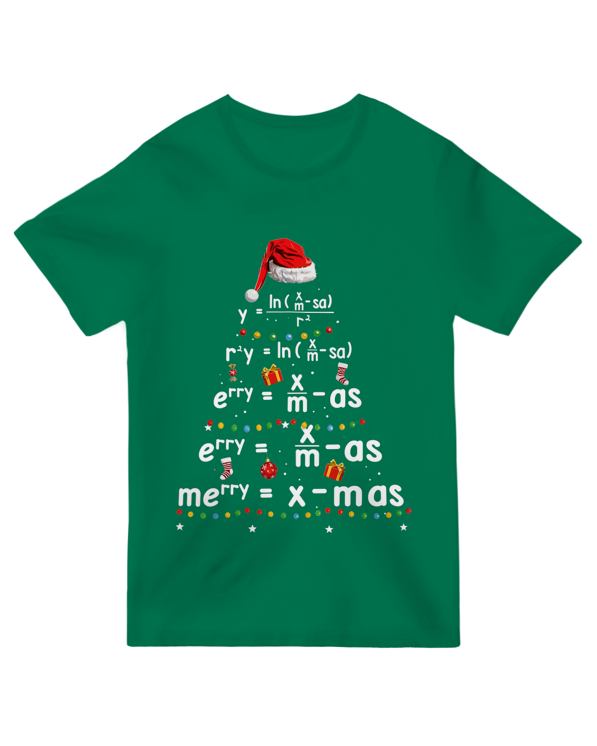 "Christmas tree made of math equations t-shirt with 'Math Merry Xmas' text, geek holiday humor apparel"