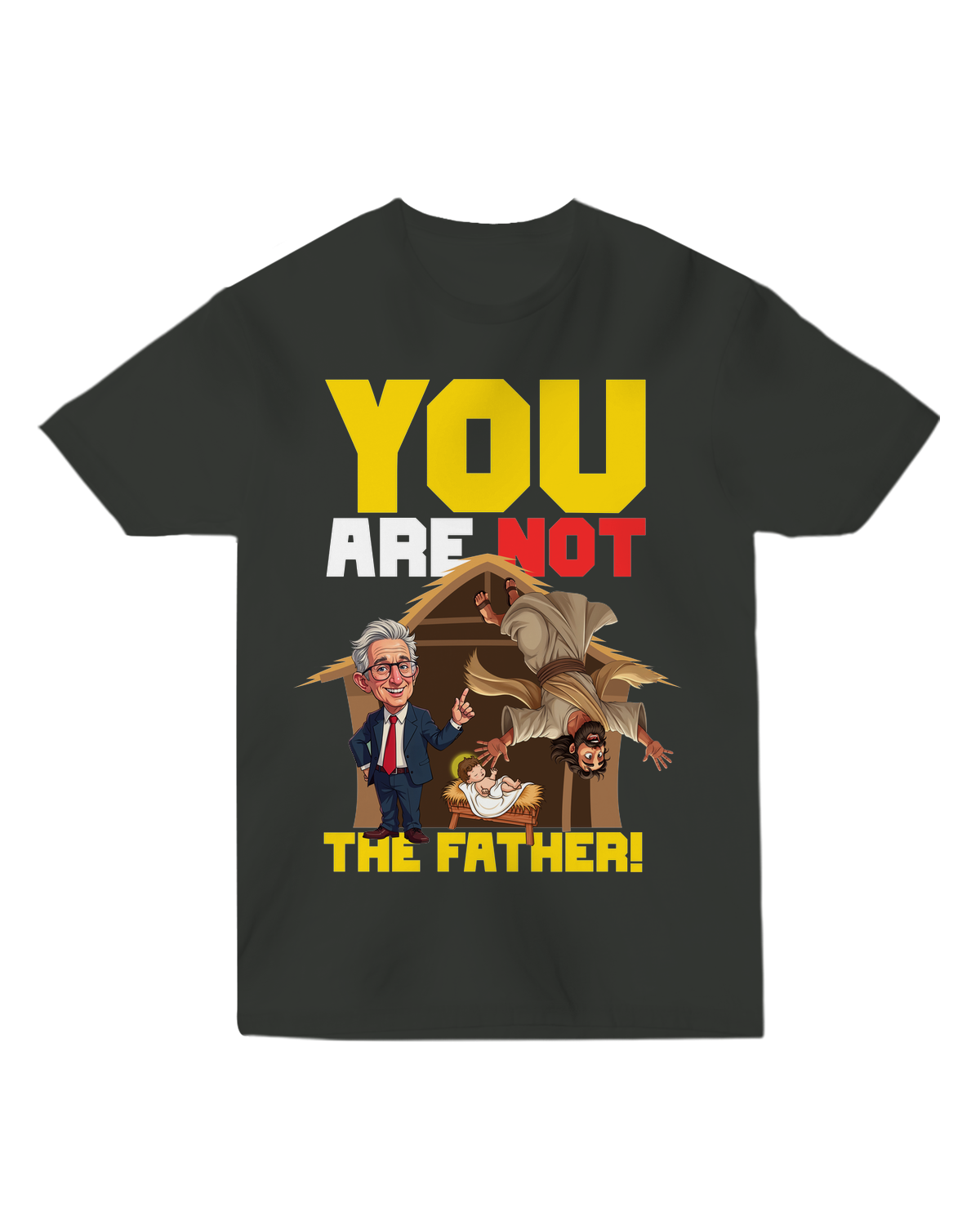"Black ‘You Are NOT the Father’ t-shirt with white block letters, modeled with judge’s gavel prop for dramatic TV show aesthetic"