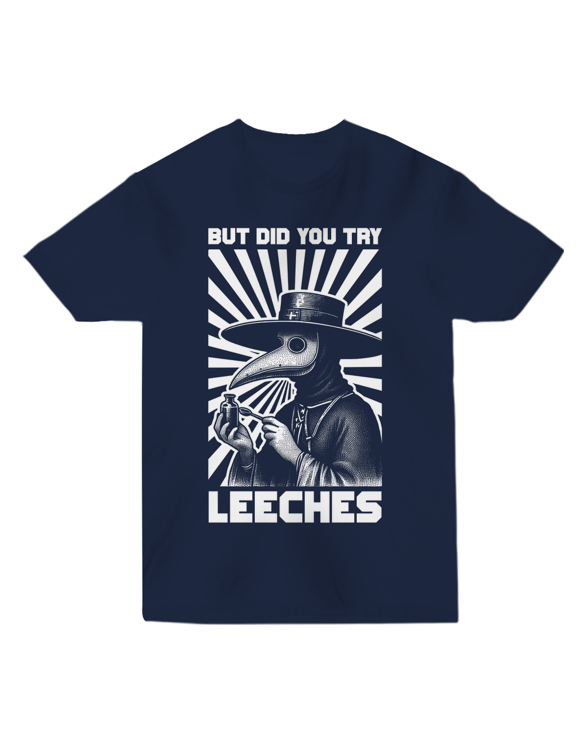 "Off-white ‘But Did You Try Leeches’ t-shirt with antique medical illustration, modeled with stethoscope for dark comedy aesthetic"