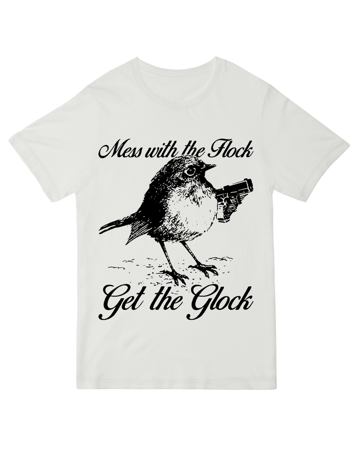 "Mess with the Flock Get the Glock" graphic tee with cartoon chicken design – soft cotton shirt for poultry fans