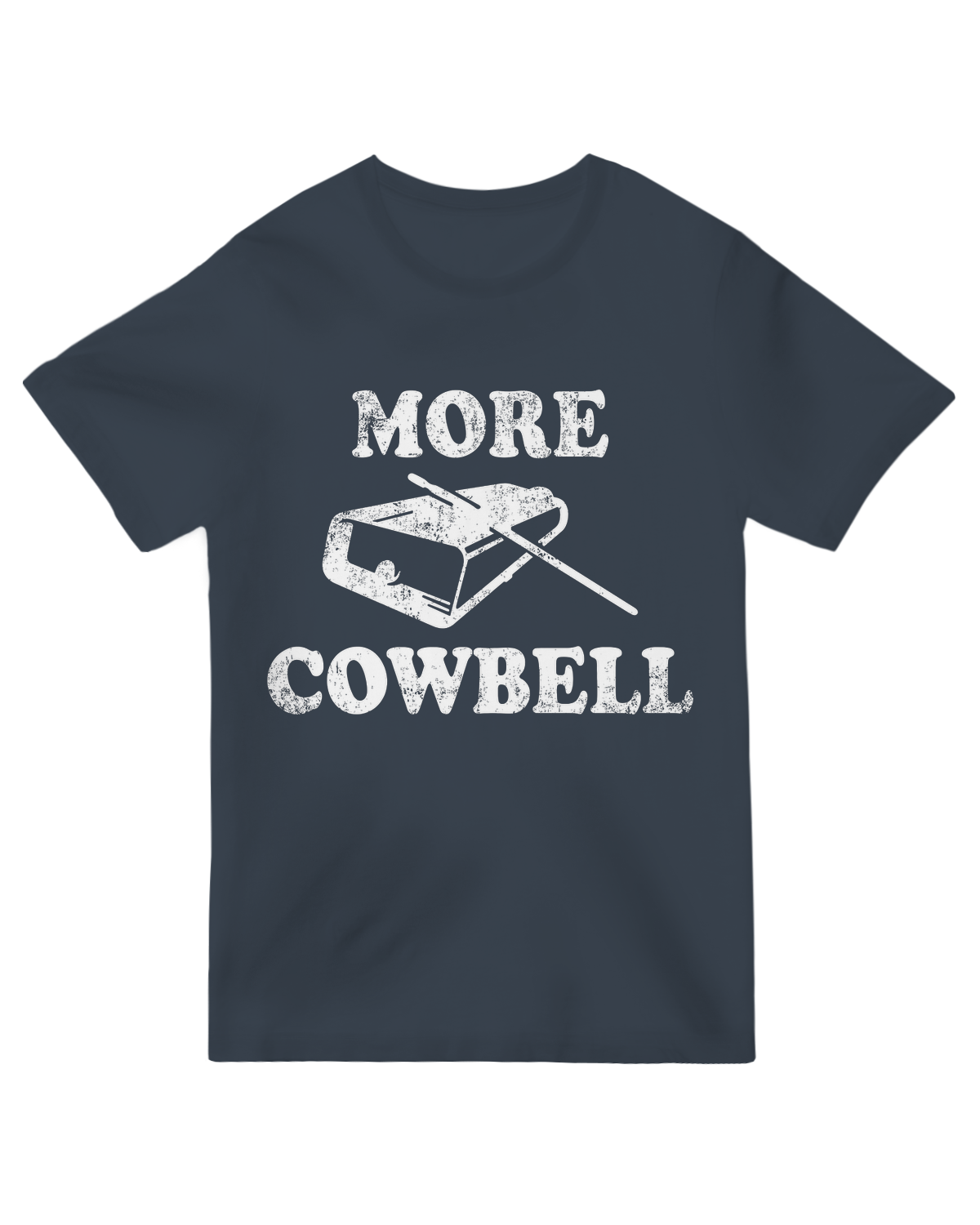 "Vintage distressed 'MORE COWBELL' t-shirt inspired by SNL's classic sketch, white text on black soft cotton"