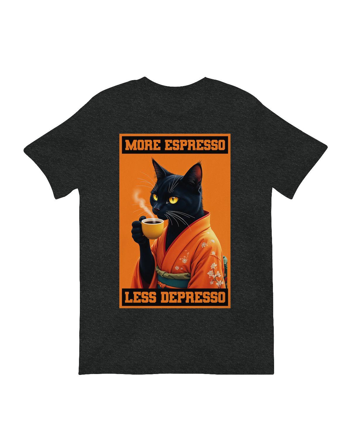 "Funny black t-shirt with 'More Espresso, Less Depresso' text in white letters, perfect for coffee lovers and caffeine addicts"