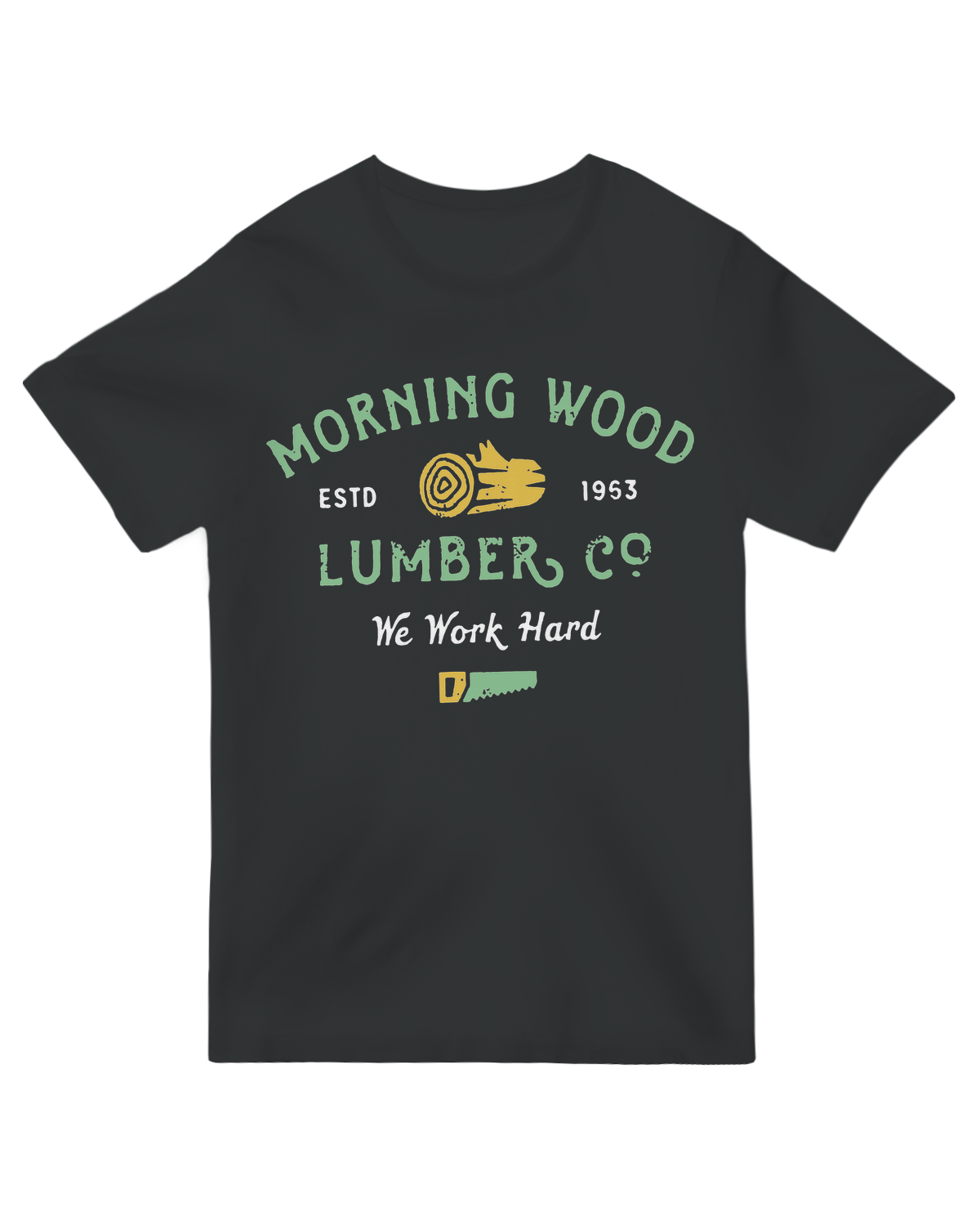 "Morning Wood" camping t-shirt with pine tree graphic – playful outdoor apparel for hikers and nature enthusiasts