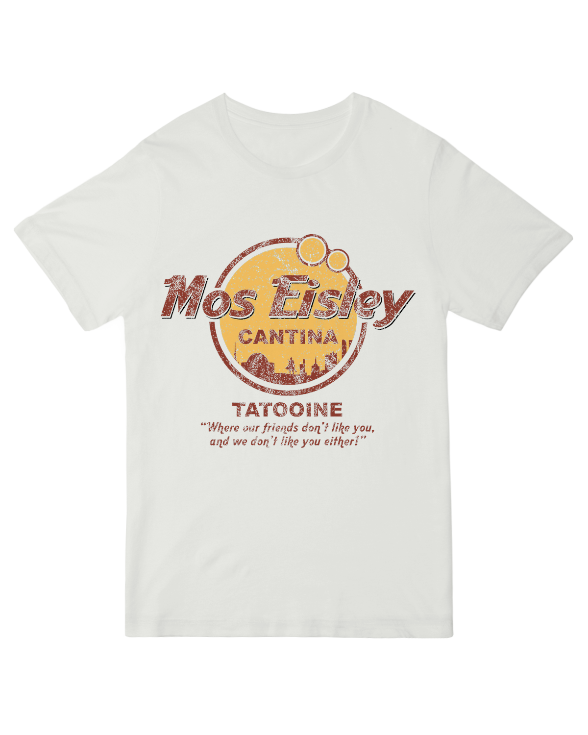 "Vintage travel poster style Mos Eisley Cantina t-shirt with Star Wars Tatooine design, featuring iconic alien silhouettes and distressed text"