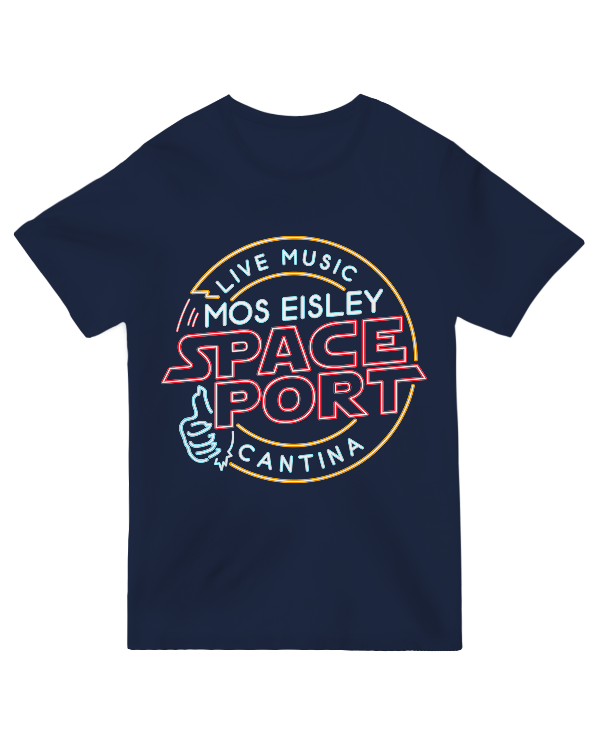 "Vintage travel poster style Mos Eisley Spaceport t-shirt with Star Wars Tatooine design, distressed retro sci-fi apparel"