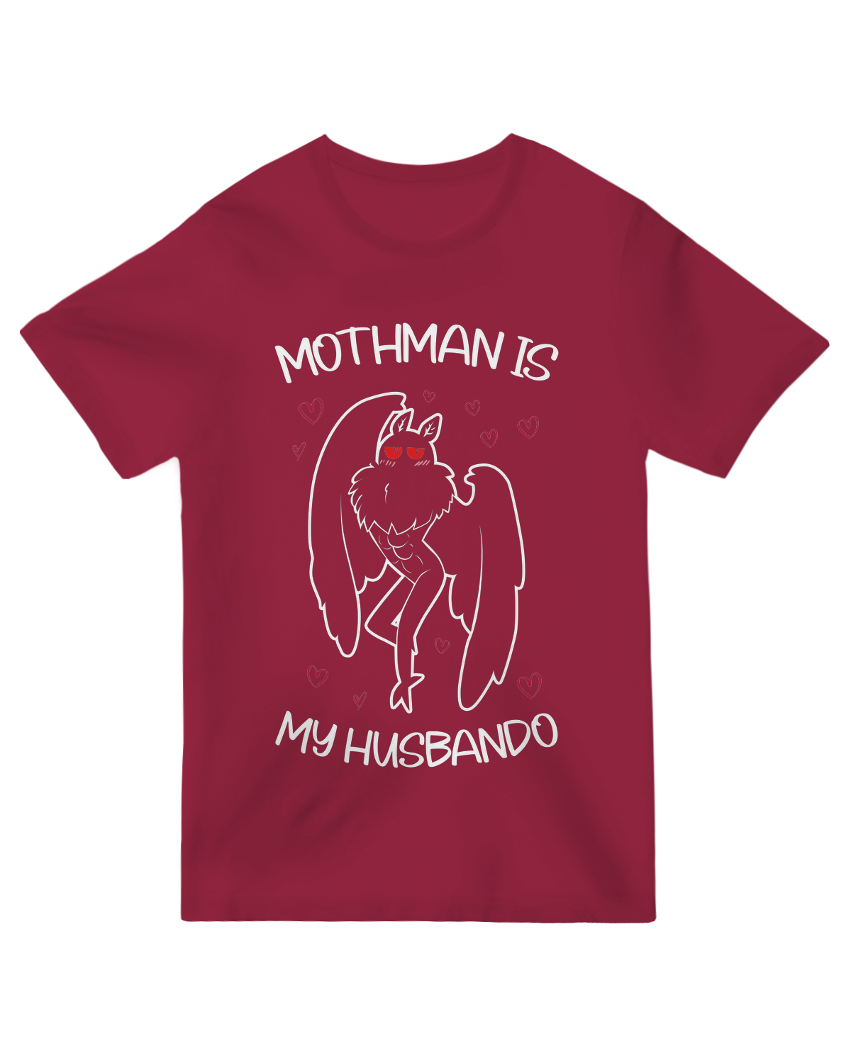 Black t-shirt with "Mothman Is My Husbando" text print front view