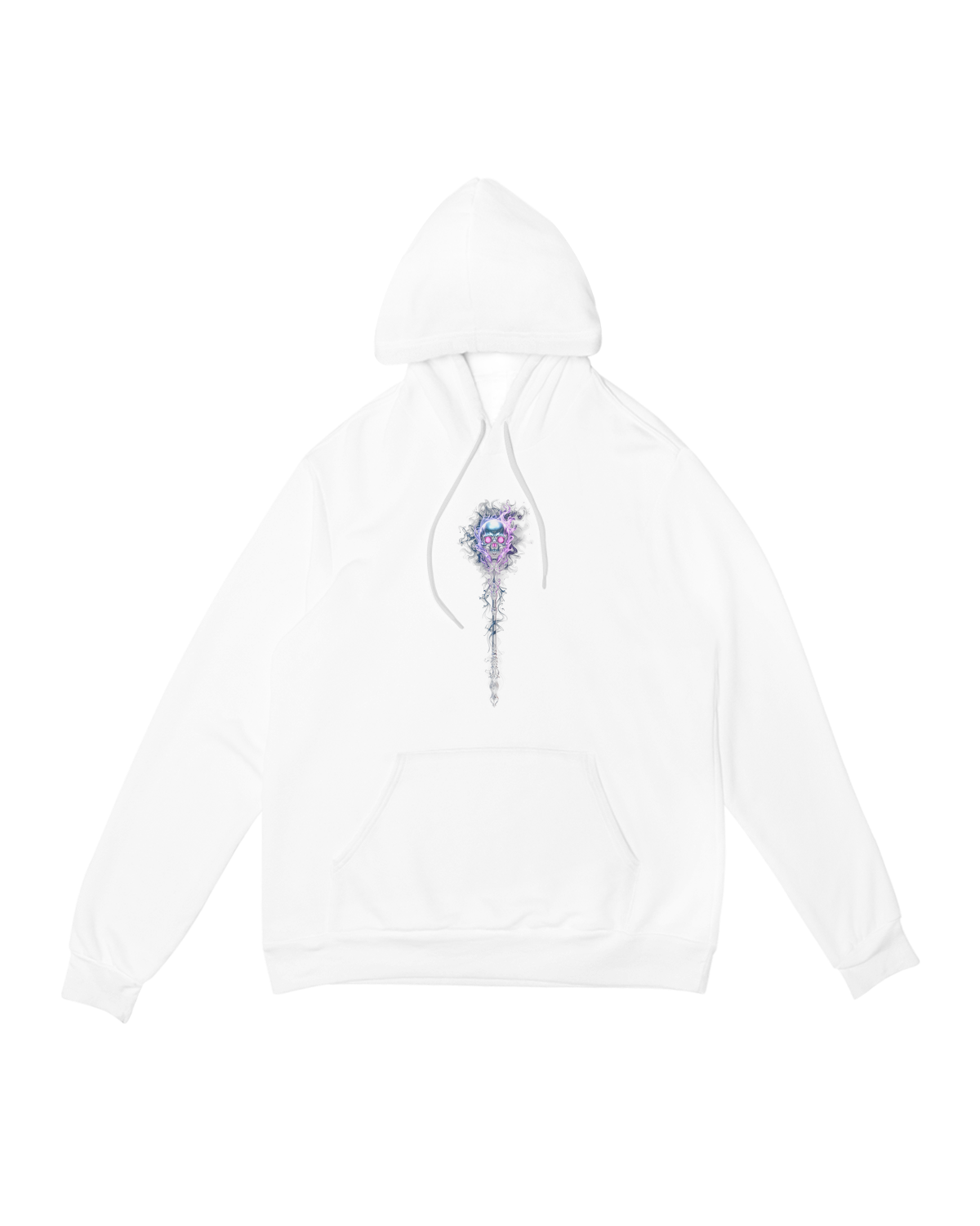 "Black Necromancer’s Staff hoodie with glowing green arcane embroidery, modeled with bone dice and spellbook for dark fantasy aesthetic"