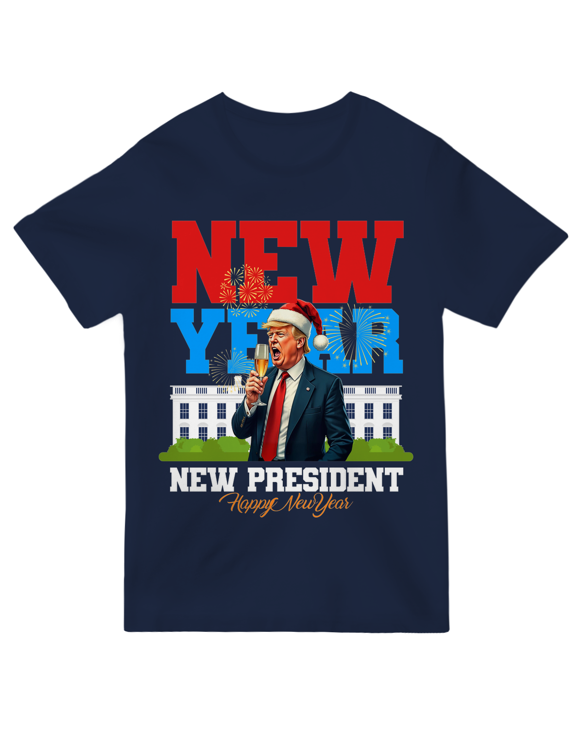 Alt Text: "Black cotton t-shirt with bold white 'New Year New President' text, unisex political statement tee for elections and activism."